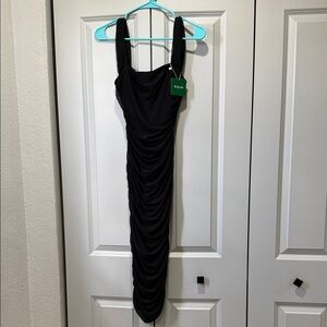 Chic Black Ruched Midi Dress